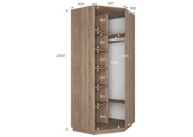 Шкаф угловой распашной, сонома, 900х900х2200