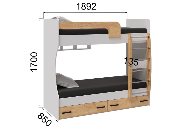 Кровать двухъярусная Лючия 80х186, белый / дуб крафт золотой